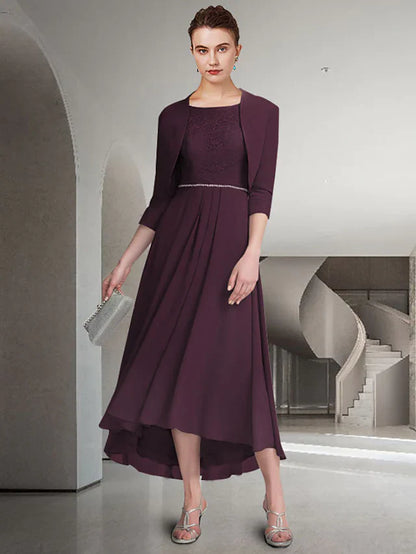 A-Line Mother of the Bride Dress Elegant Jewel Neck Tea Length Chiffon Satin Half Sleeve with Pleats Sequin