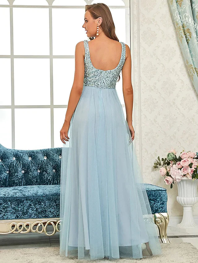 A-Line Spaghetti Strap Floor Length Tulle Sequined Bridesmaid Dress with Sequin