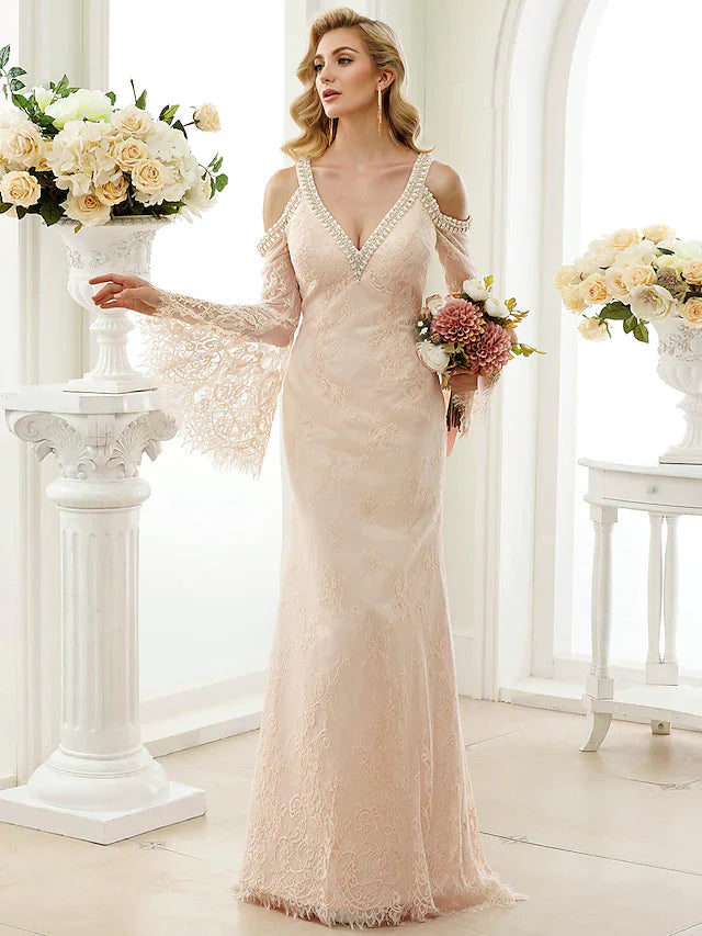 Wedding Dresses Plunging Neck Sheer Lace Long Sleeve Wedding Dress in Color Open Back Floral Lace with Bow(s) Crystals