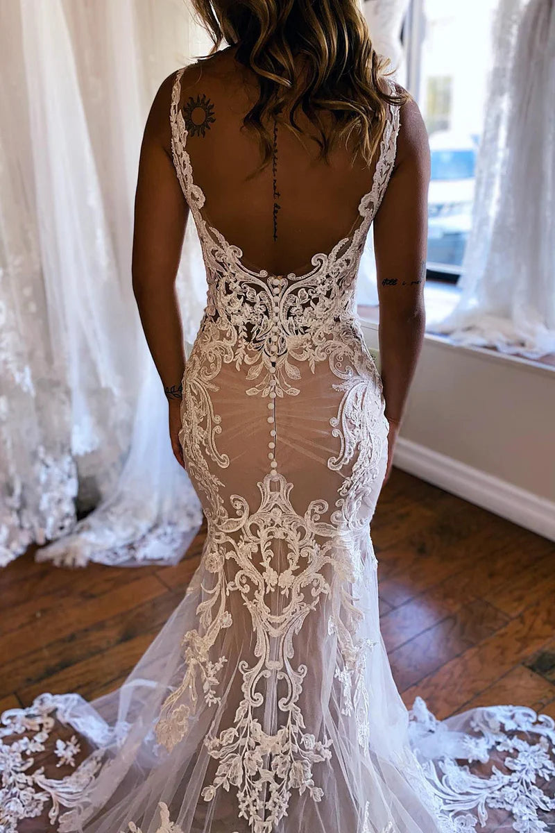 V-Neck Mermaid Long Lace Wedding Dress Sweep/Brush Train Dresses