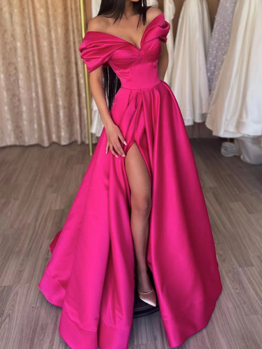 Elegant V Neck Off Shoulder Satin Formal Evening Dress Long Prom Dress