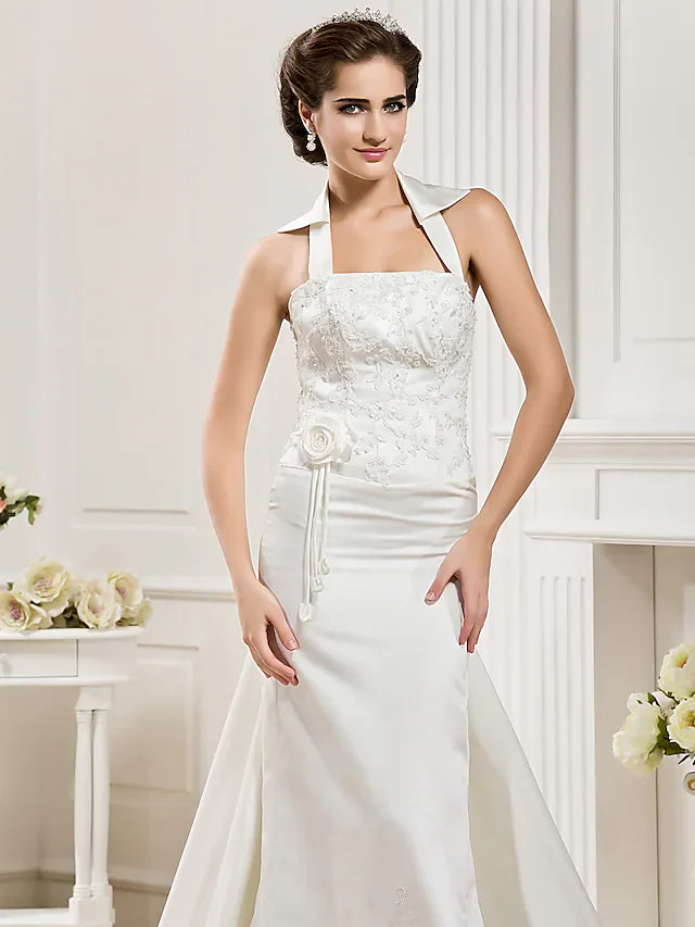 Wedding Dresses Halter Neck Court Train Satin Sleeveless