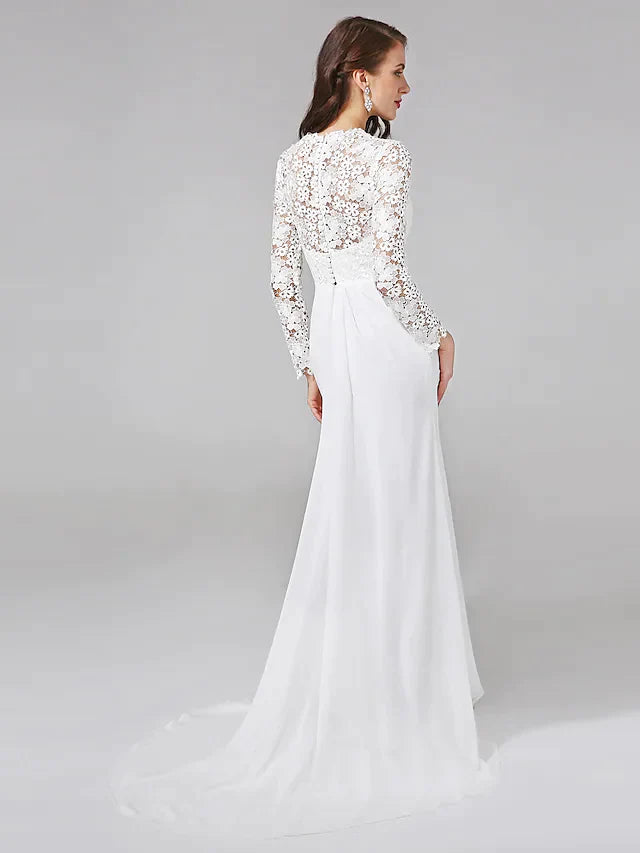 Wedding Dresses V NeckChiffon Floral Lace Long Sleeve Romantic Boho Illusion Sleeve with Lace Button