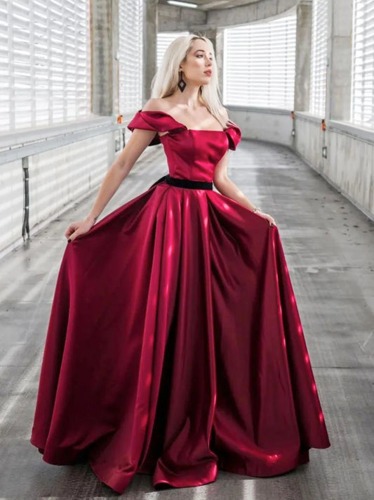 A-Line Off Shoulder Satin Burgundy Formal Evening Dress Long Prom Dress