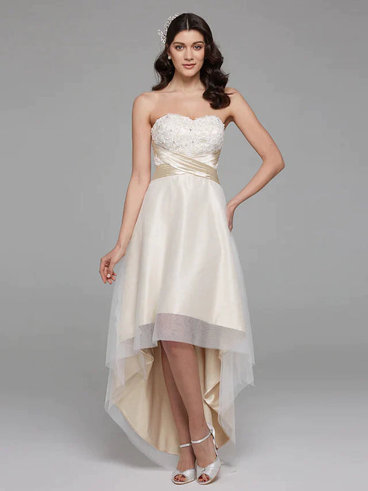 A-Line Wedding Dresses Sweetheart Neckline Asymmetrical Satin Floral Lace Strapless Simple Plus Size with Bowknot Sash Ribbon Beading