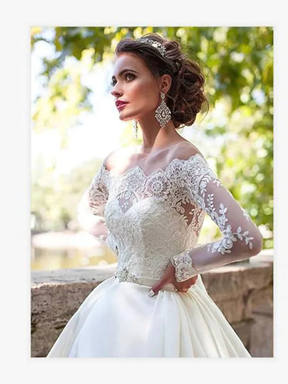 A-Line Wedding Dresses Off Shoulder Court Train Lace Long Sleeve Country Illusion Sleeve