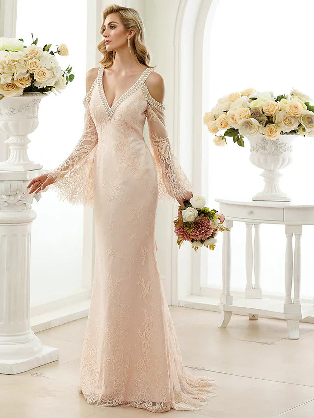 Wedding Dresses Plunging Neck Sheer Lace Long Sleeve Wedding Dress in Color Open Back Floral Lace with Bow(s) Crystals