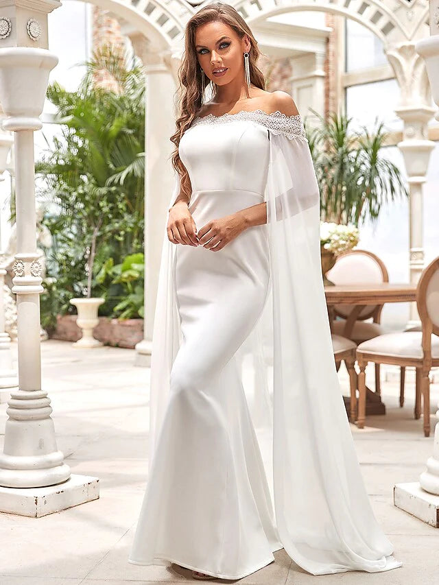 Wedding Dresses Off Shoulder Chiffon Satin Lace Over Satin Sleeveless Simple with Draping Lace Insert