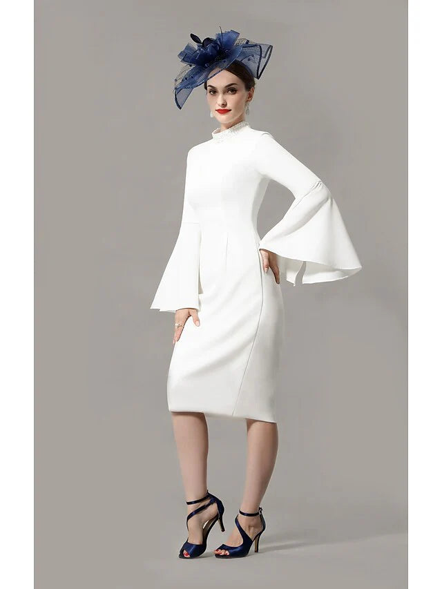 Mother of the Bride Dress Wrap Included High Neck Knee Length Jersey 3/4 Length Sleeve with Crystals