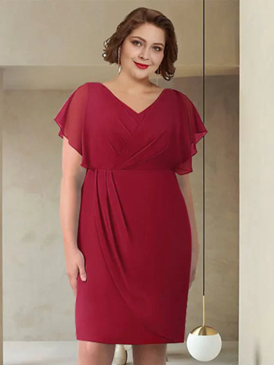 Mother of the Bride Dress Elegant V Neck Knee Length Chiffon Short Sleeve with Ruching