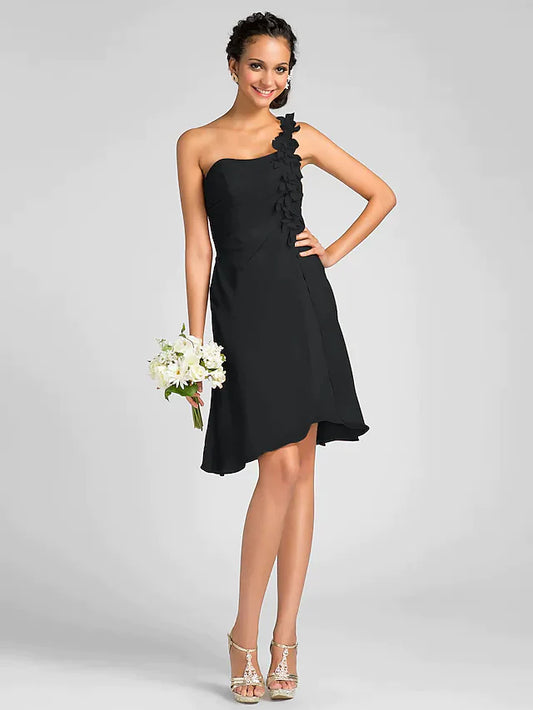 One Shoulder Knee Length Chiffon Bridesmaid Dress with Side Draping Flower