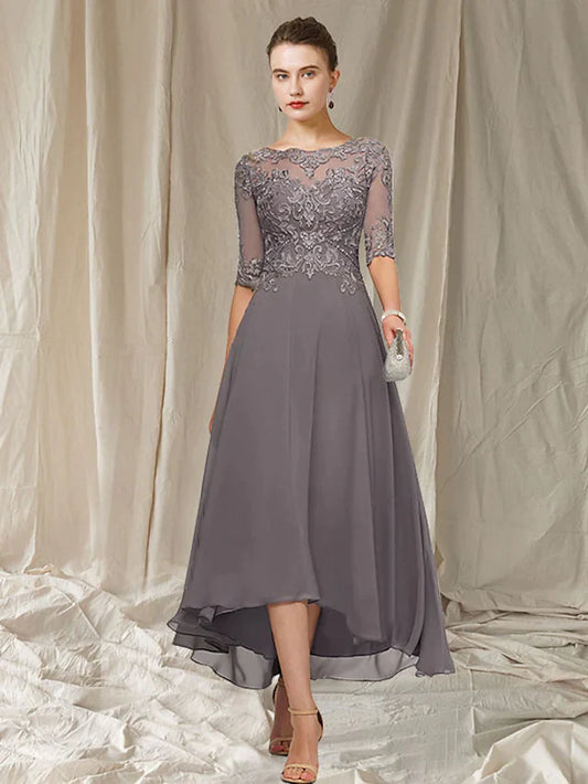 A-Line Mother of the Bride Dress Elegant V Neck Floor Length Chiffon Lace Length Sleeve with Ruffles Appliques