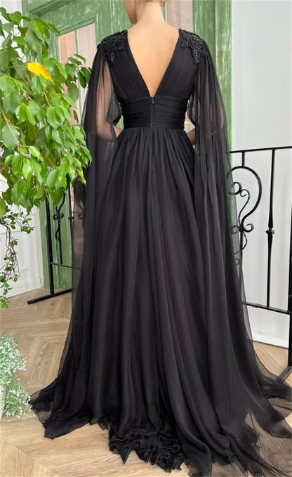 Sheath/Column V-Neck Chiffon Appliques Long Sleeves Prom Dress