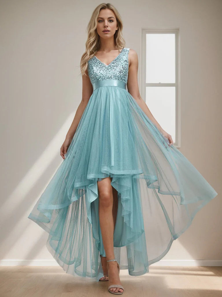 Sleeveless Sequin Ribbon Waist Tulle High Low Evening Dress