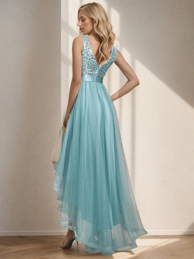 Sleeveless Sequin Ribbon Waist Tulle High Low Evening Dress