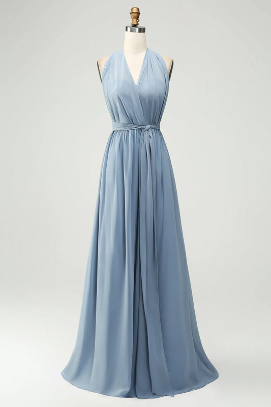 Dusty Blue A Line Long Bridesmaid Dress