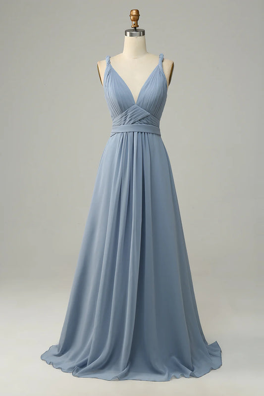 Dusty Blue V Neck A Line Long Bridesmaid Dress