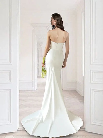 Wedding Dresses V Neck Court Train Detachable Satin Sleeveless Simple with Ruffles