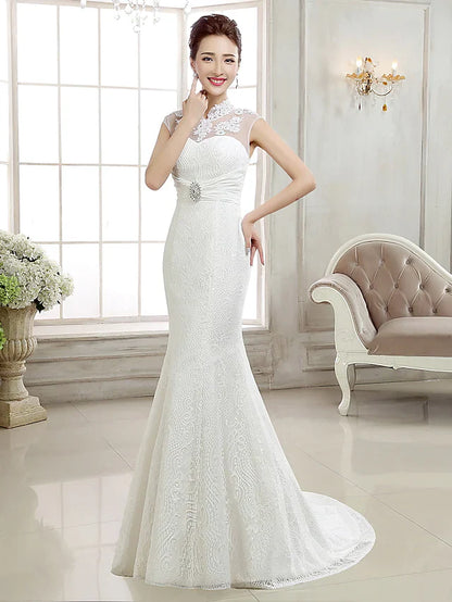 Wedding Dresses High Neck Lace Cap Sleeve Sexy Illusion Detail Backless with Beading Appliques