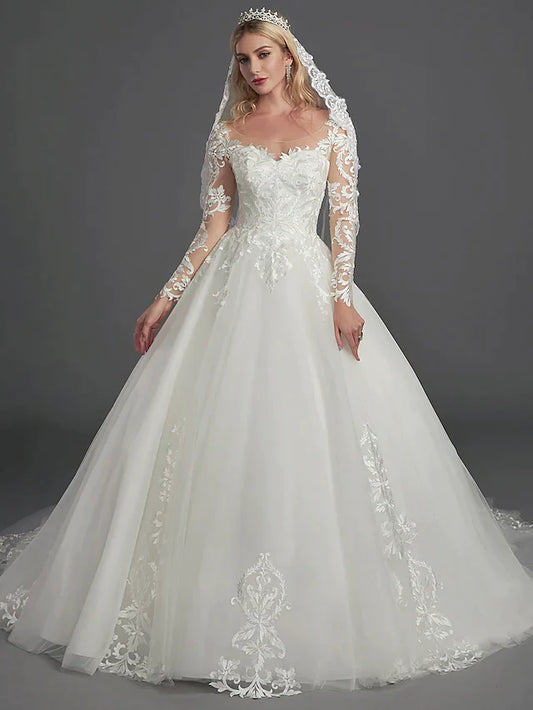 Ball Gown Wedding Dresses Illusion Neck Chapel Train Lace Tulle Long Sleeve Glamorous See-Through Illusion Detail with Buttons Appliques