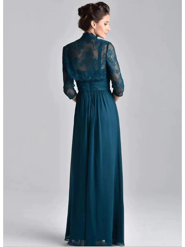 Two Piece A-Line Mother of the Bride Dress Elegant Spaghetti Strap Floor Length Chiffon Lace 3/4 Length Sleeve with Embroidery