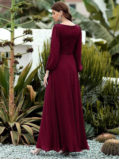 Burgundy Elegant Chiffon V-Neckline Long Sleeve Formal Evening Dress Chiffon Mother of the Bride Dresse