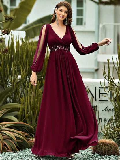 Burgundy Elegant Chiffon V-Neckline Long Sleeve Formal Evening Dress Chiffon Mother of the Bride Dresse