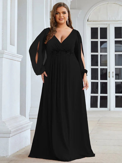 Pink Elegant Chiffon V-Neckline Long Sleeve Formal Evening Dress Chiffon Mother of the Bride Dresse