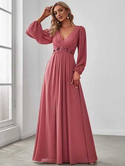 Grey Elegant Chiffon V-Neckline Long Sleeve Formal Evening Dress Chiffon Mother of the Bride Dresse