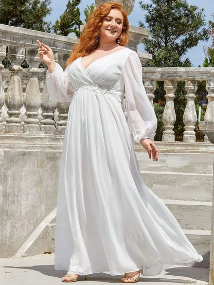 Cream Elegant Chiffon V-Neckline Long Sleeve Formal Evening Dress Chiffon Mother of the Bride Dresse