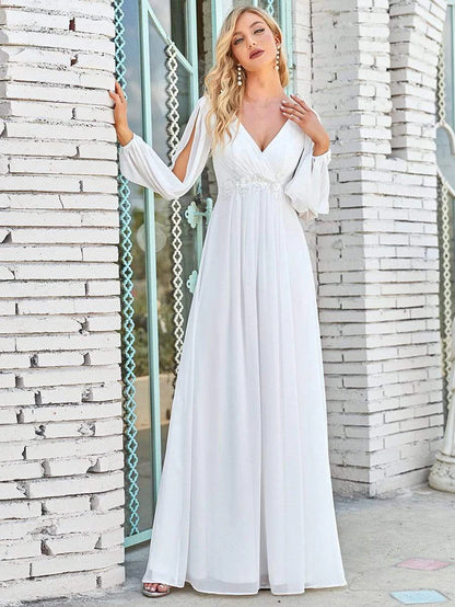 Cream Elegant Chiffon V-Neckline Long Sleeve Formal Evening Dress Chiffon Mother of the Bride Dresse