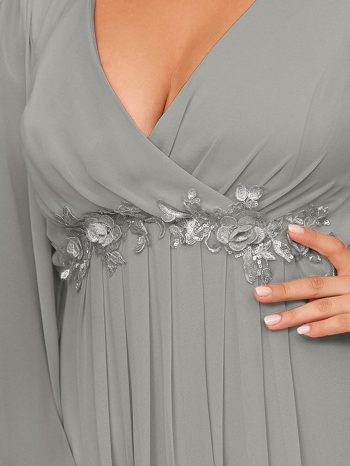 Grey Elegant Chiffon V-Neckline Long Sleeve Formal Evening Dress Chiffon Mother of the Bride Dresse