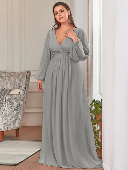 Grey Elegant Chiffon V-Neckline Long Sleeve Formal Evening Dress Chiffon Mother of the Bride Dresse