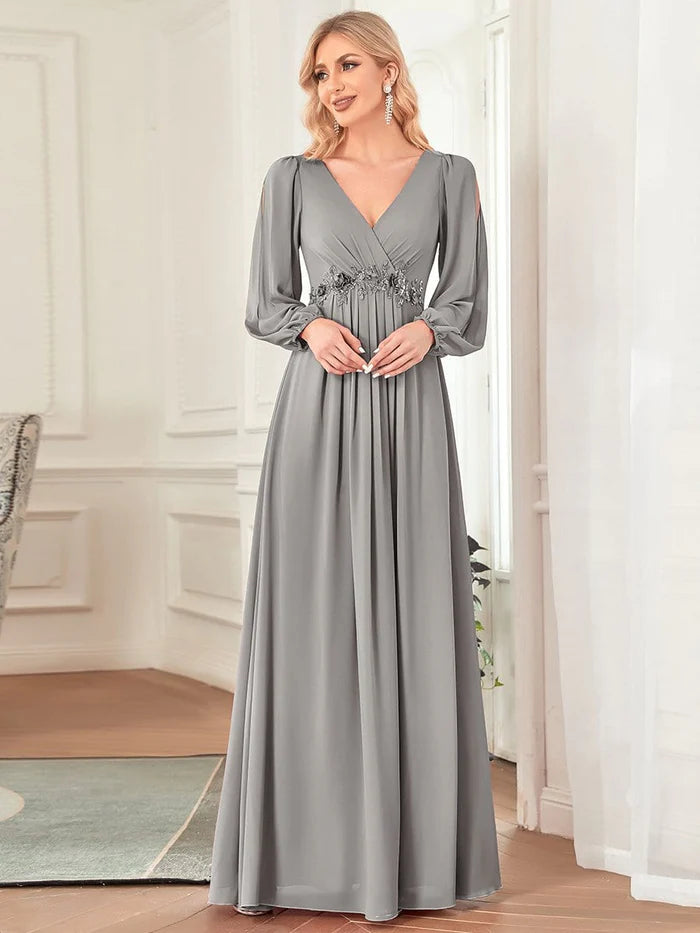 Grey Elegant Chiffon V-Neckline Long Sleeve Formal Evening Dress Chiffon Mother of the Bride Dresse