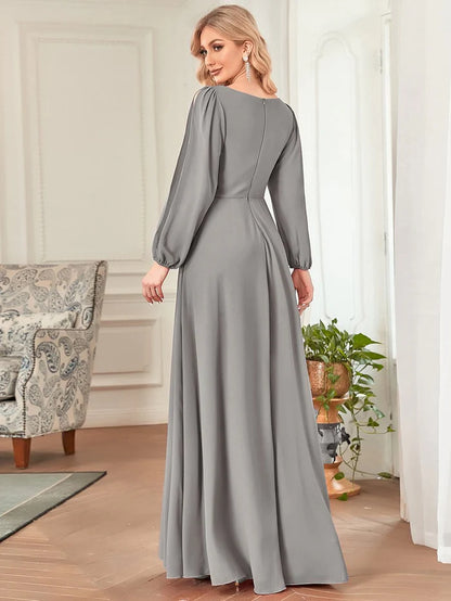 Grey Elegant Chiffon V-Neckline Long Sleeve Formal Evening Dress Chiffon Mother of the Bride Dresse