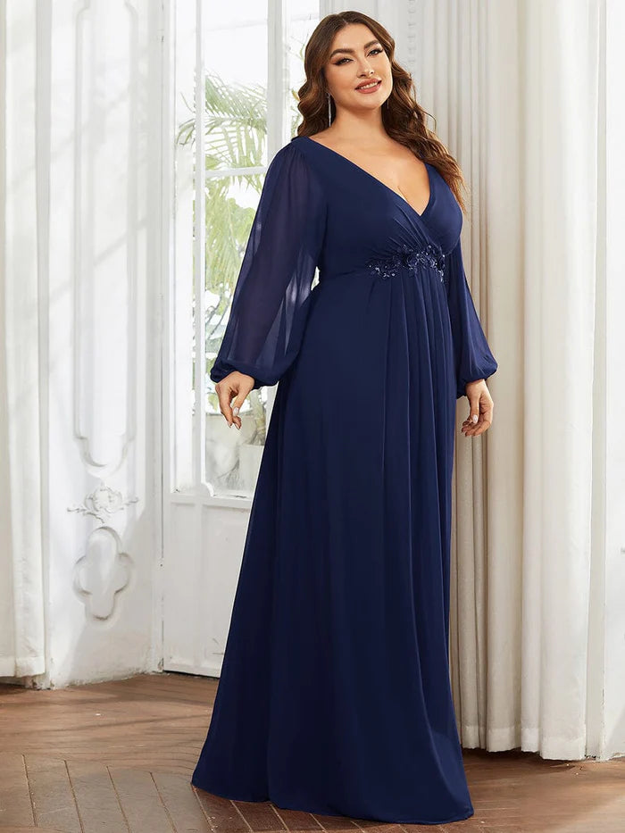 Dusty Navy Elegant Chiffon V-Neckline Long Sleeve Formal Evening Dress Chiffon Mother of the Bride Dresse