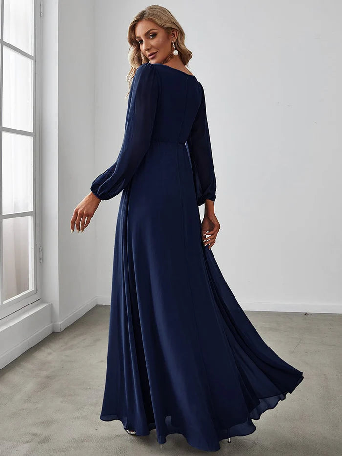 Dusty Navy Elegant Chiffon V-Neckline Long Sleeve Formal Evening Dress Chiffon Mother of the Bride Dresse