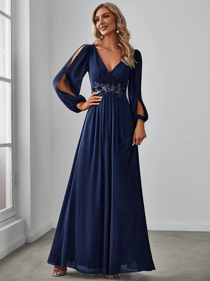 Dusty Navy Elegant Chiffon V-Neckline Long Sleeve Formal Evening Dress Chiffon Mother of the Bride Dresse