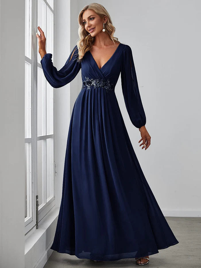 Dusty Navy Elegant Chiffon V-Neckline Long Sleeve Formal Evening Dress Chiffon Mother of the Bride Dresse