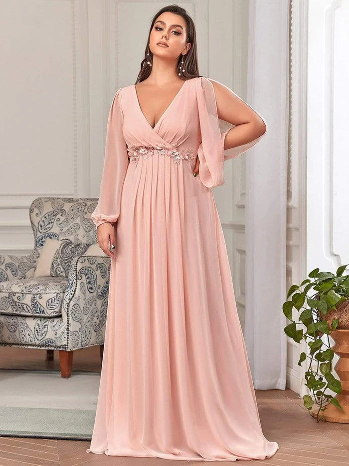 Pink Elegant Chiffon V-Neckline Long Sleeve Formal Evening Dress Chiffon Mother of the Bride Dresse