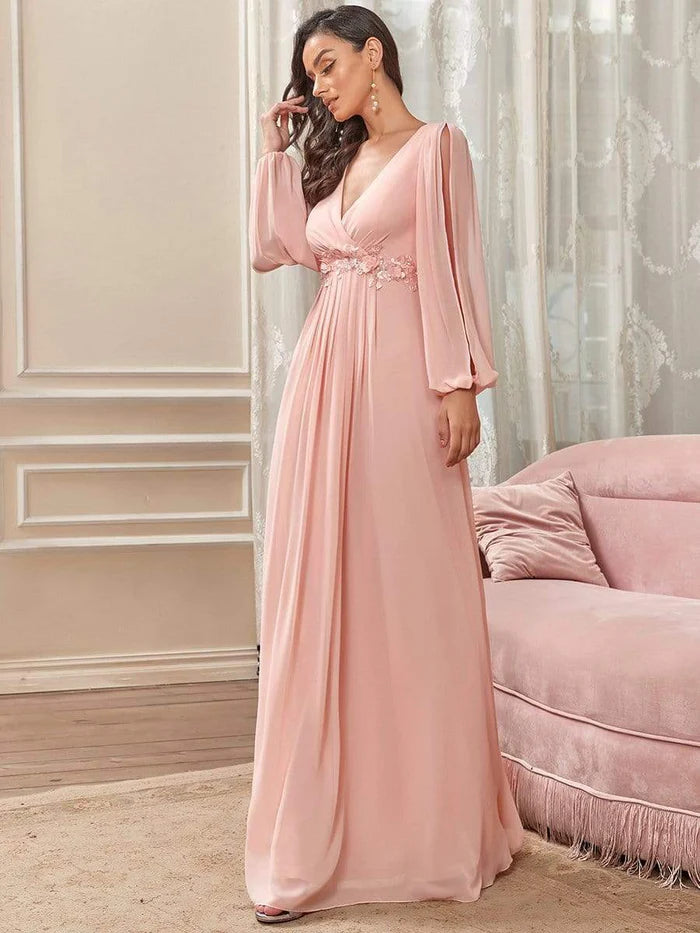 Pink Elegant Chiffon V-Neckline Long Sleeve Formal Evening Dress Chiffon Mother of the Bride Dresse