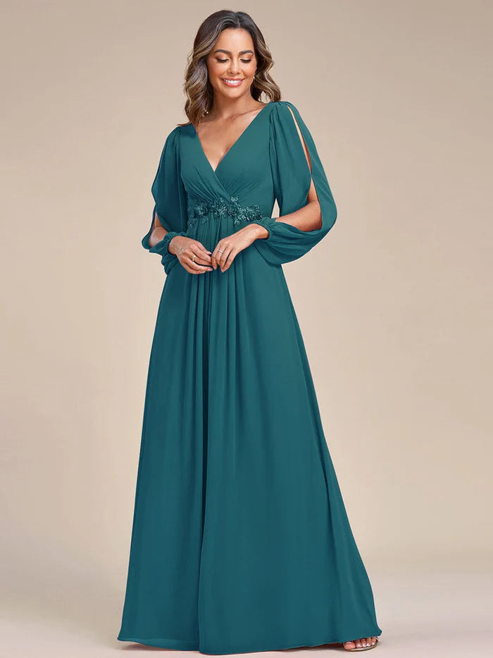 Burgundy Elegant Chiffon V-Neckline Long Sleeve Formal Evening Dress Chiffon Mother of the Bride Dresse