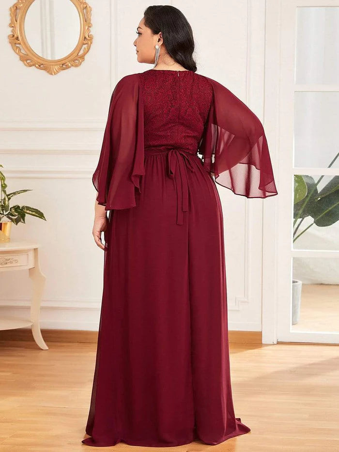 Burgundy Deep V Neck Lace Bodice Long Flowy Evening Dress Chiffon Mother of the Bride Dresses