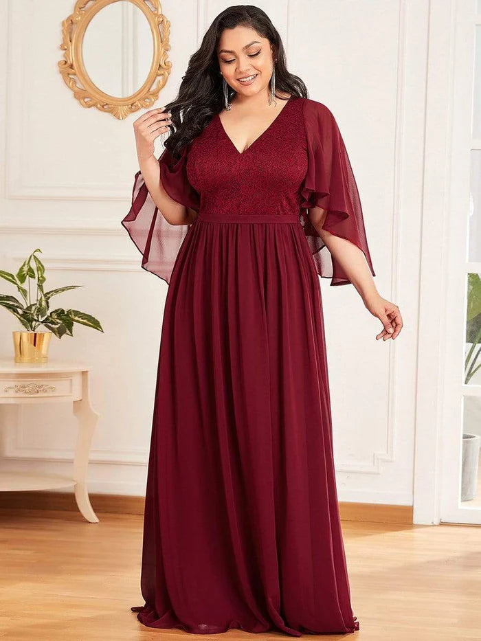 Burgundy Deep V Neck Lace Bodice Long Flowy Evening Dress Chiffon Mother of the Bride Dresses