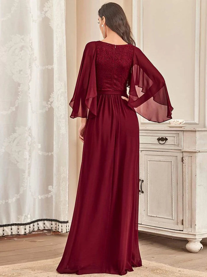 Burgundy Deep V Neck Lace Bodice Long Flowy Evening Dress Chiffon Mother of the Bride Dresses