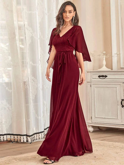 Burgundy Deep V Neck Lace Bodice Long Flowy Evening Dress Chiffon Mother of the Bride Dresses