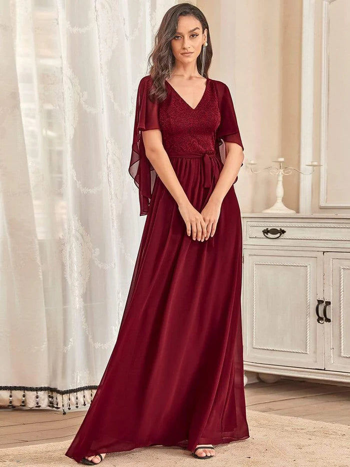 Burgundy Deep V Neck Lace Bodice Long Flowy Evening Dress Chiffon Mother of the Bride Dresses