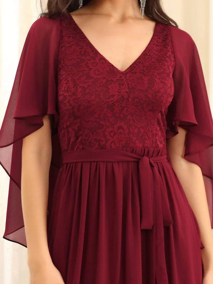 Burgundy Deep V Neck Lace Bodice Long Flowy Evening Dress Chiffon Mother of the Bride Dresses