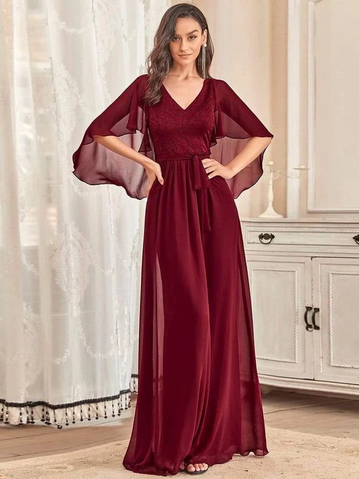 Burgundy Deep V Neck Lace Bodice Long Flowy Evening Dress Chiffon Mother of the Bride Dresses