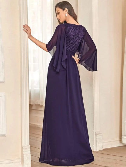 Dark Purple Deep V Neck Lace Bodice Long Flowy Evening Dress Chiffon Mother of the Bride Dresses